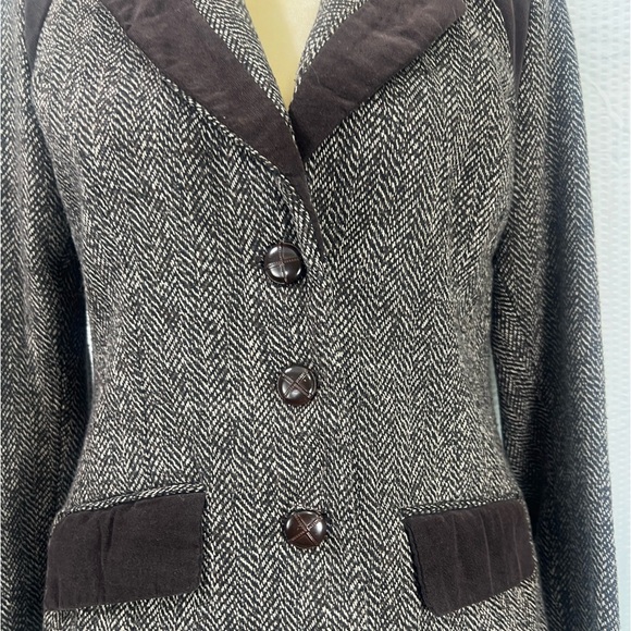 Women's Tweed Blazer Size Medium Brown Herringbone VELVETEEN Trim Dollhouse - Picture 8 of 14